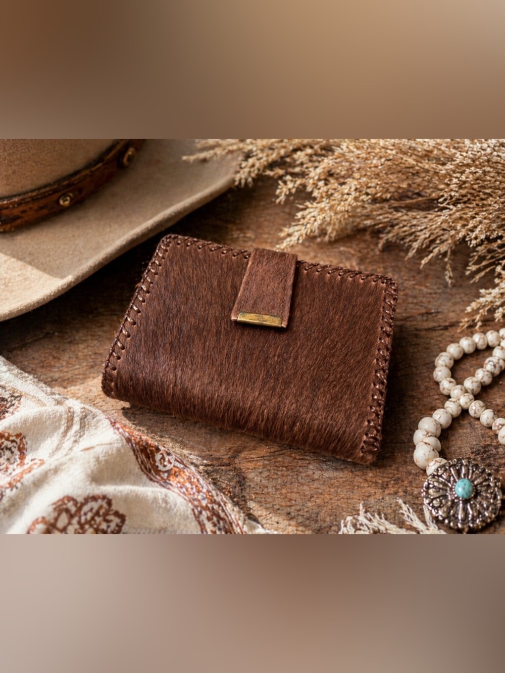 Vintage Brown Cowhide Wallet Clutch Hair-On Leather Kiss Lock Boho